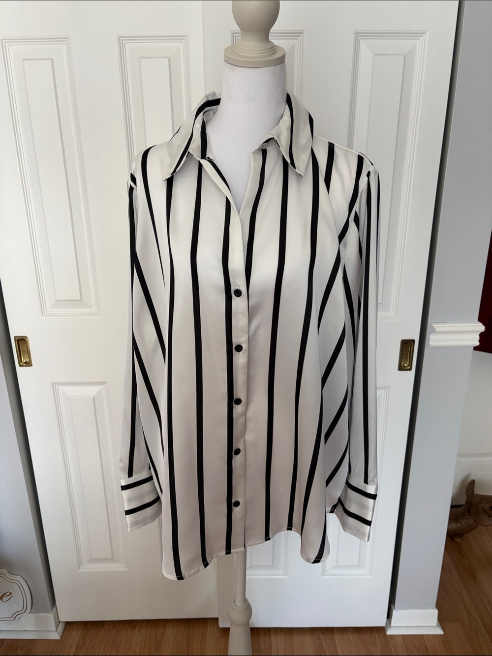 Ricki's Satin Black and White Vertical Stripe Button-Front Shirt